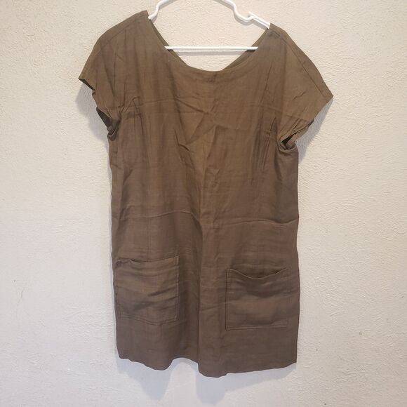 Eileen Fisher Linen Tencel Blend Short Sleeve Pocket Dress Medium Brown Zip - Picture 2 of 14